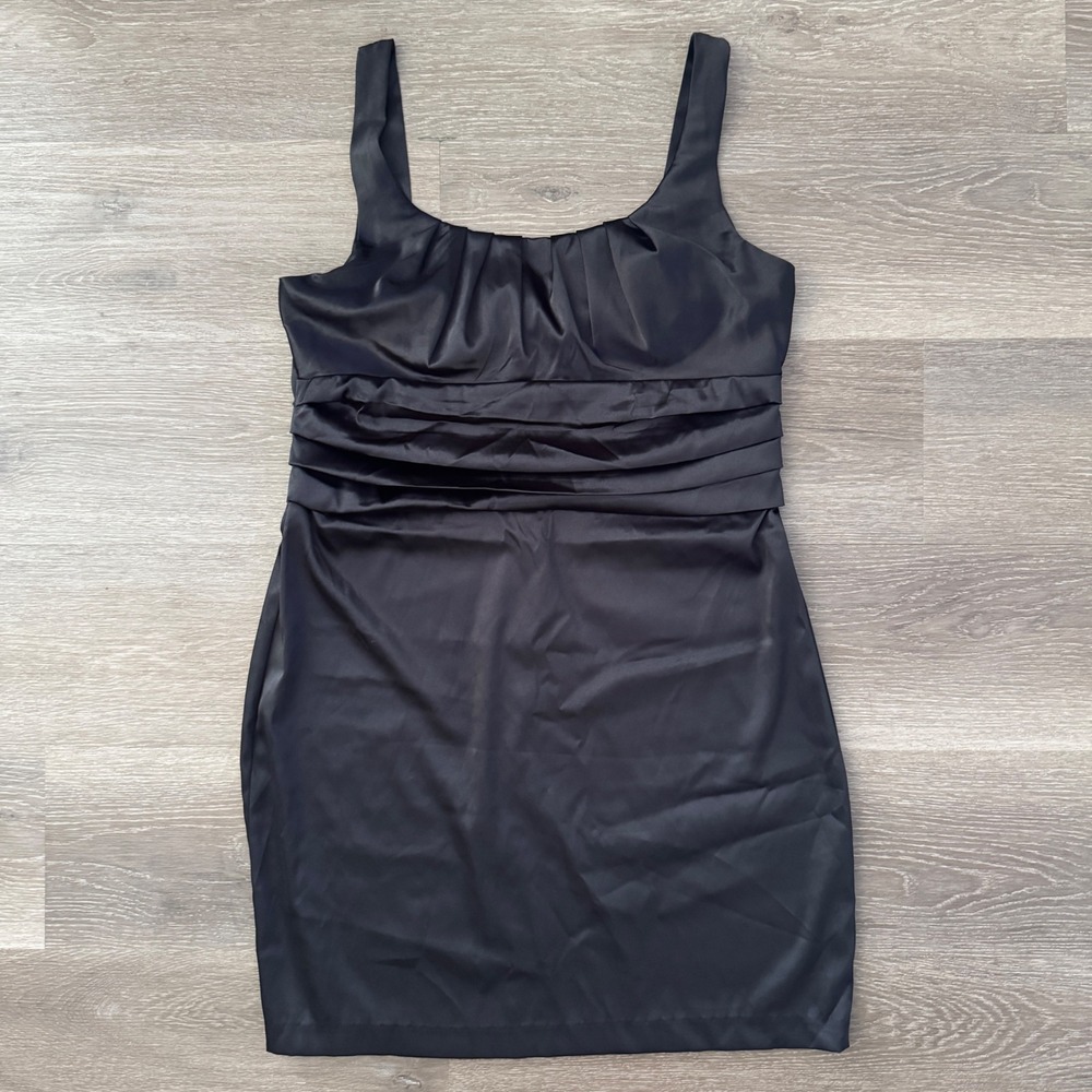 Dressbarn Collection Cocktail Dress Womens 14P Black Satin Ruched Pleated Mini